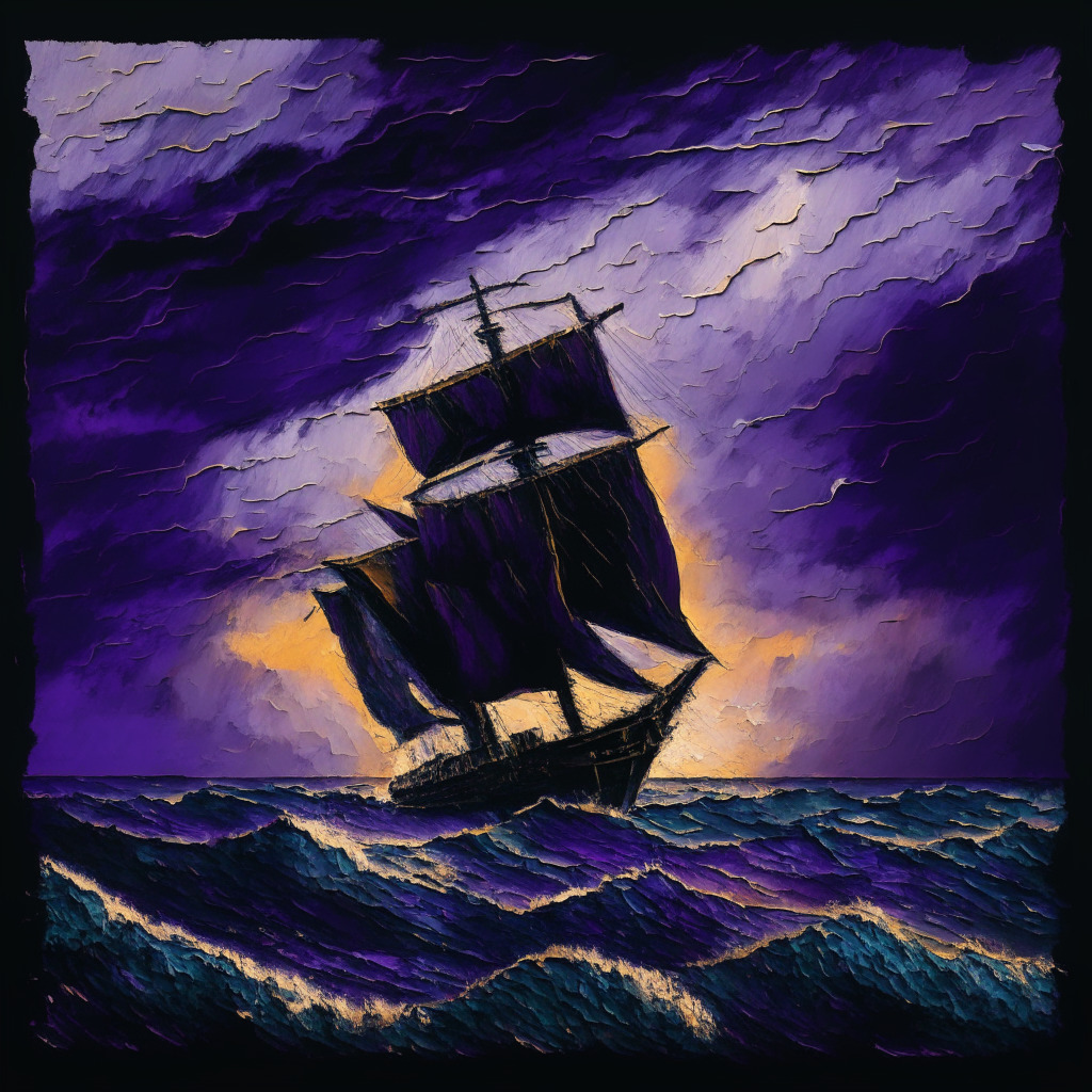 An impressionistic depiction of a boat navigating rough seas with far-off calm horizon, expressing short-term turbulence and long-term optimism. Use dark hues to represent the pressing market pressures, purples and dark blues under a stormy sky, while golden and warm hues depict the long-term optimism on the horizon. The boat carrying Bitcoin emblem, showcasing its journey as a global financial asset.