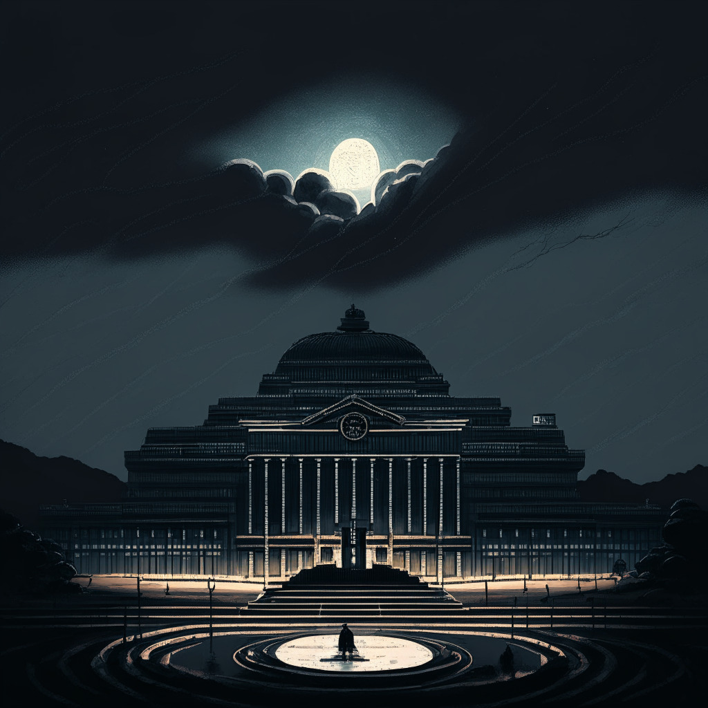 South Korea's National Assembly in a contemporary Korean artwork style, darkened evening sky symbolizing strict legislation, intense confrontation between a digital asset represented as a shining coin and regulation represented as strong chains, delicate balance of stability and innovation, somber mood and cautious optimism.