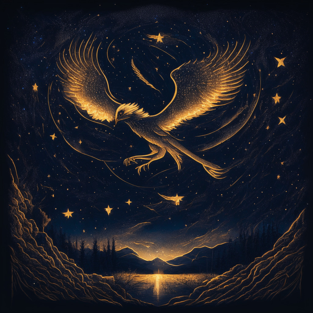 A nighttime scene with a starry sky representing the Stellar cryptocurrency. In the foreground, a phoenix is rising from ashes, symbolizing the resilient spirit despite recent downturns. It's bathed in a soft, hopeful moonlight, the bird's plumage intricately detailed with hints of gold. A winding pathway leads from the phoenix to a glowing horizon, indicating potential recovery and growth. Currency coins scattered in the path reveal fluctuations and market corrections. The mood is contemplative yet hopeful, painted in an impressionist style.