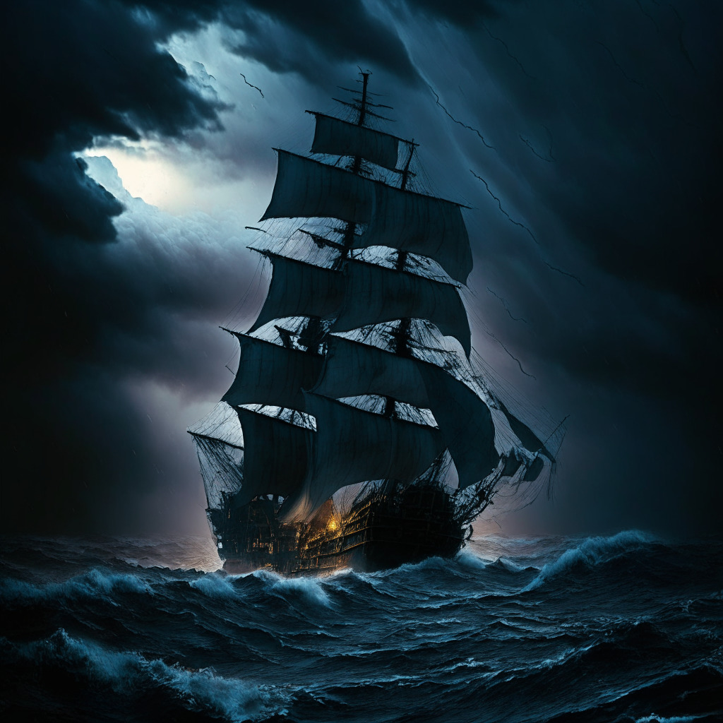 A stormy, tempestuous ocean at dusk, under a sky roiling with dark clouds. Anchored in the heart of the storm, a navigational ship symbolizing the Voyager Exchange. Intertwined, lengthy legal documents flutter in the strong winds. The moody chiaroscuro lighting evokes a somber sense of financial drain and struggle, symbolic of the high costs associated with regulatory compliance.