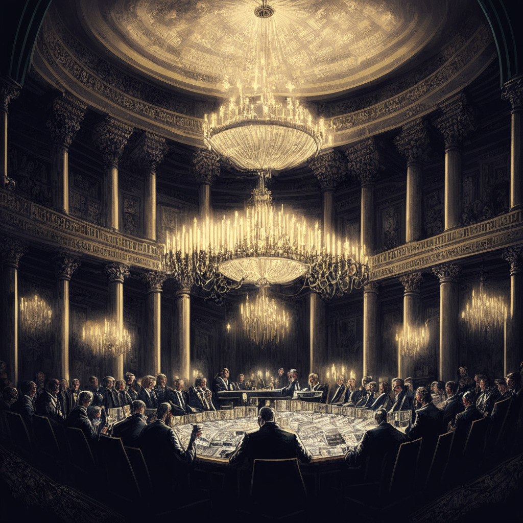 An intricately detailed image of the U.S. Senate Committee on Finance members gathered around a large table, populated with stacks of paperwork and digital devices displaying various cryptocurrencies. They're in a grand room with tall, decorated walls and a dramatic, dimly-lit chandelier exuding a sense of importance, contemplation, and urgency. The artistic style is semi-realistic, with detailed facial expressions denoting deep concentration and resolve, illuminated by the soft glow of digital screens. The mood is serious and anticipatory indicating a pivotal moment in history.