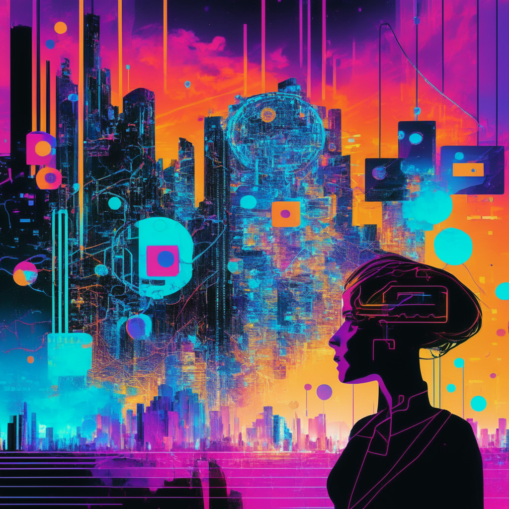 Visualize an abstract image reflecting a digital revolution, avant-garde style, A scene of social media elements like speech bubbles and avatars merging with blockchain symbols, set in a twilight cityscape, Electrifying neon colors in twilight ambiance, coalescing aesthetics of technology & modernity. Underlying tones of uncertainty, adventure, and anticipation set mood.