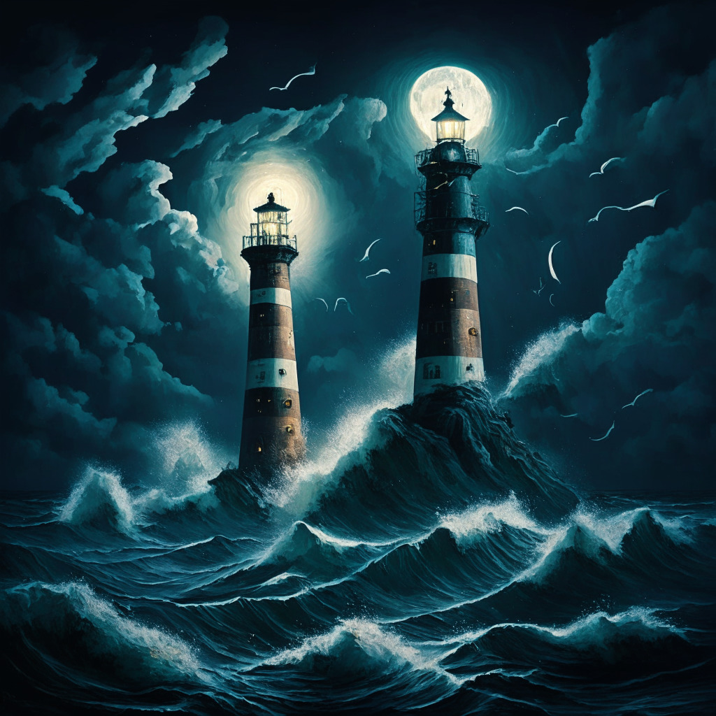 A stormy sea under a moonlit sky, reflecting the turbulence of the crypto market. Two ships symbolizing Bitcoin and Ethereum stabilize in volatile waves, tethered to a sturdy lighthouse, depicting the US dollar index futures. Scene is depicted in a surrealist art style, with dramatic chiaroscuro lighting, setting a mood of resilience amidst uncertainty.