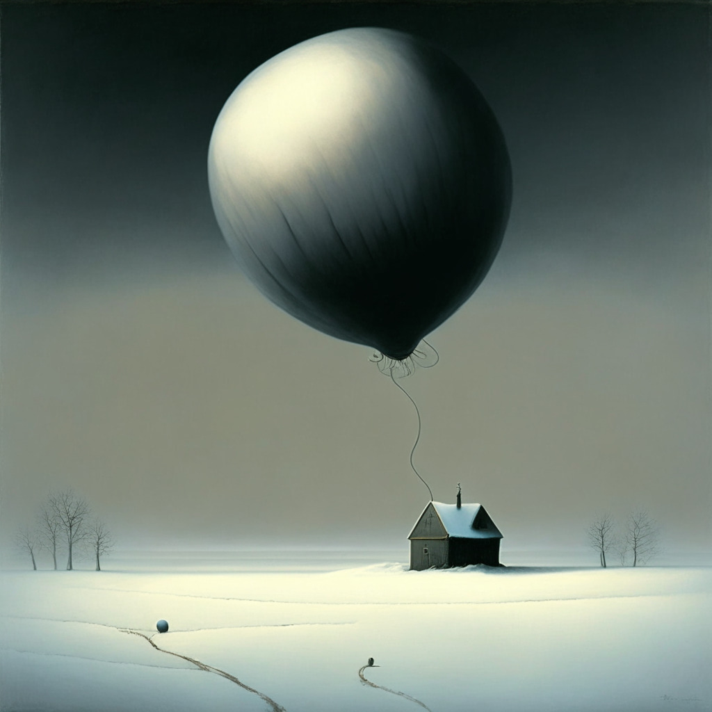 A gloomy winter landscape depicting an allegory of a deflating balloon, symbolizing overstated growth and recent cutbacks in the NFT market. The atmosphere is charged with melancholic resilience, capturing the essence of cooled down market conditions. Shadows loom longer, signifying swift changes and uncertainty painting the woeful tale of an overreaching enterprise.
