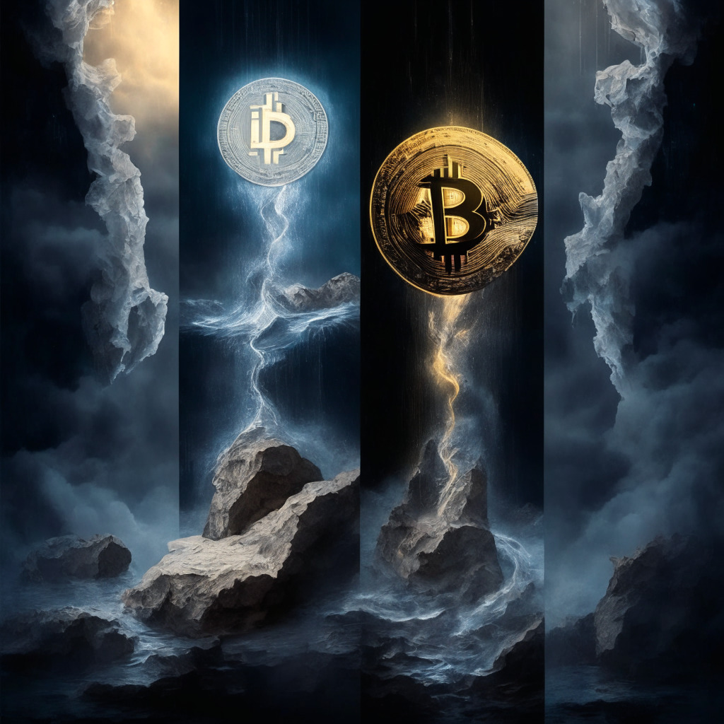 A mystical triptych of Bitcoin, Ethereum and XRP coins atop a precarious balance beam over a chasm, together battling a storm of uncertainty. Varying stages of turbulence, intense chiaroscuro emphasis representing risk versus reward, evoking an atmosphere of suspense and mystery. Influences of Renaissance style, imbued with modern, abstract elements.