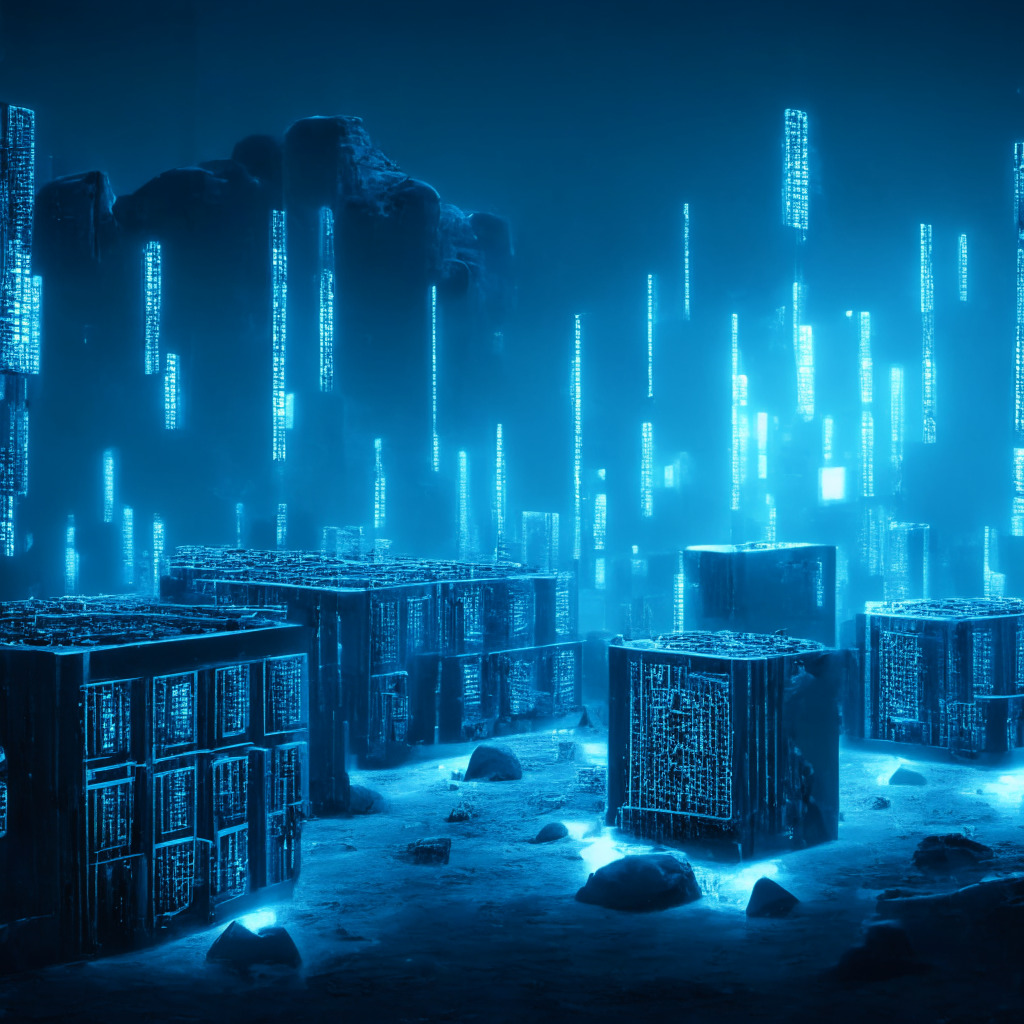 Futuristic scene of a vast crypto mine lit by soft blueish hues, illustrating the 2024 Bitcoin halving. Half-illuminated bitcoins, symbolizing diluted rewards, sink into a digital grid against a skyline intense with glowing, electrified machinery and towering servers. Muted shadows reveal struggling miners, a visual testament to their looming challenges. Incorporate a silver-lining glow, conveying resilient strategies and endurance amid adversity.