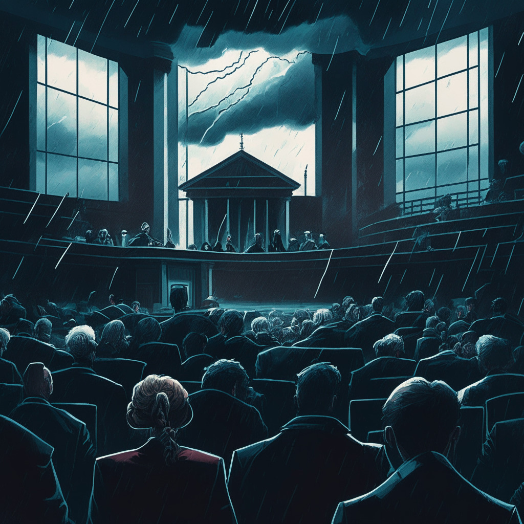 A somber crypto courtroom scene, under stormy skies, with blockchain hovering over like an enigma. The crowd divided by opinions, engrossed in animated debates, expressing desolation and hope, amidst an air of uncertainty. The atmosphere is charged with anticipation, reflecting the gravitas of the FTC fine and the cry for transparency.
