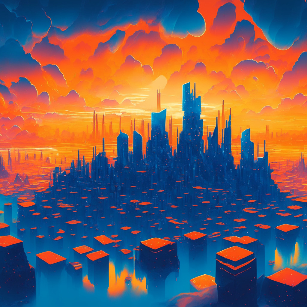 A sunrise over a vast, intricate blockchain city representing Avalanche Vista, bathed in hues of cool blues and warm oranges, symbolizing the dawn of tokenization. Small tokens symbolizing various assets float above the cityscape, injecting a futuristic vibe. In the distance, a storm looms, symbolizing potential challenges and risks involved. The overall mood is hopeful yet cautious, illuminating the transformative potential and complexities of the tokenization journey.