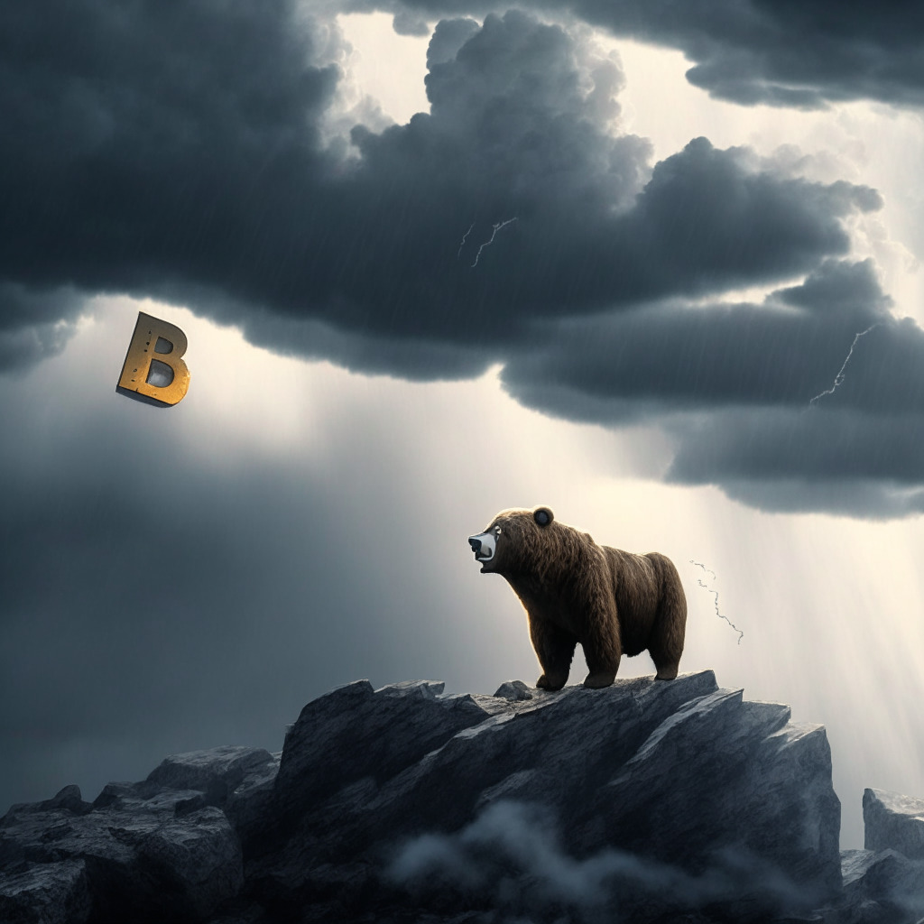 Gloomy stock market backdrop with a barren, bear-like Bitcoin in the foreground, teetering on the edge of a $30,000 cliff under stormy skies, A hopeful ripple coin is subtly placed in the background symbolizing a potential savior, faint glimmers of warm light breaking through the ominous clouds indicating a possible bullish resurgence, the atmosphere teetering between hope and dread.