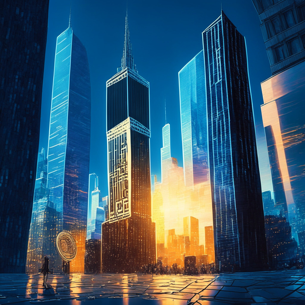 A vibrant financial district in a futuristic city, a large prominent exchange building, the Nasdaq, glowing in evening light, illuminating a Bitcoin symbol etched on the wall. The city scape gleams under an azure sky, embodying a mix of realism and surrealism. An aura of anticipation and contention lurks in the air amidst the skirmish for Bitcoin ETF approval.