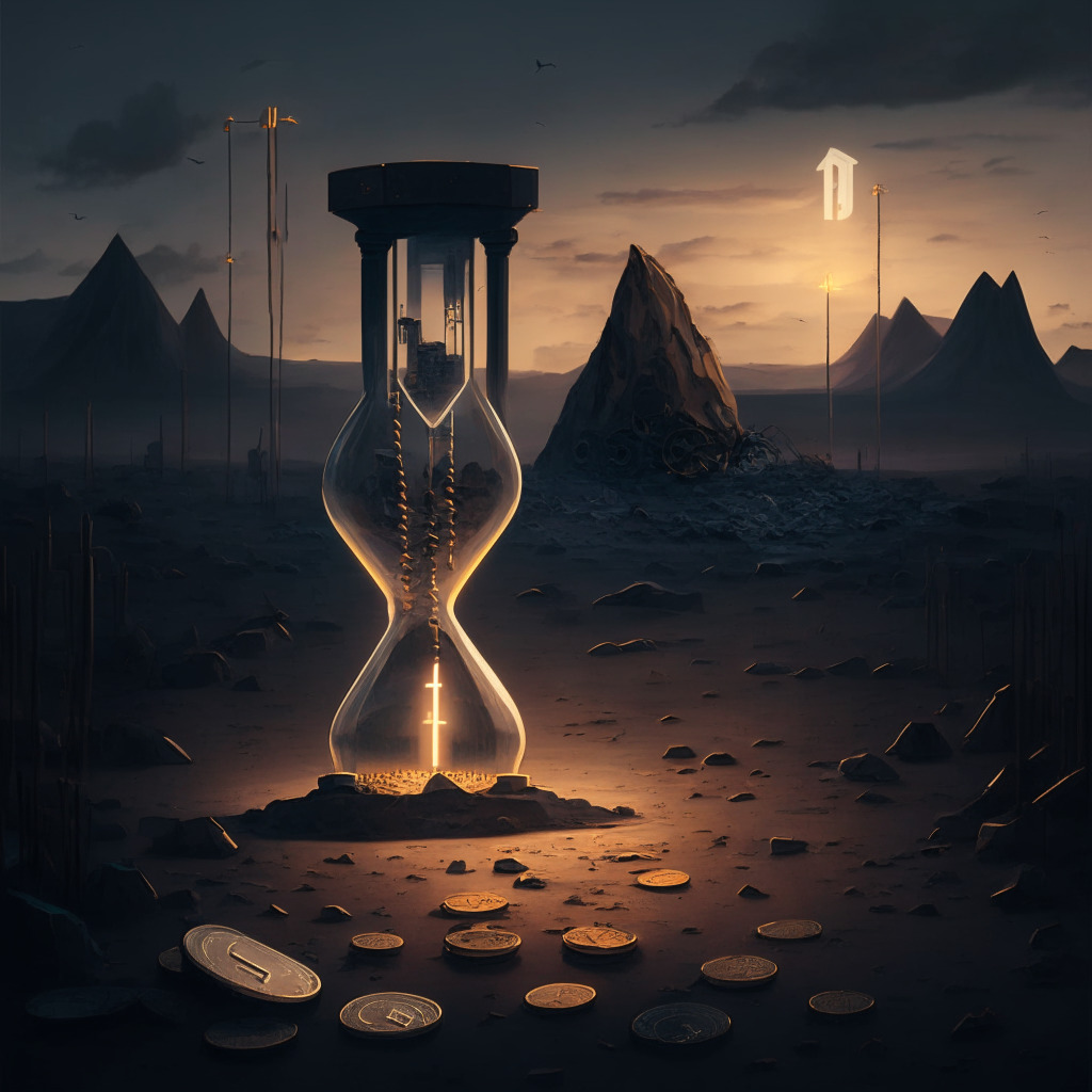 A dusky landscape showing an hourglass with bitcoins dwindling. The scene is tinged with hues of anxiety and anticipation, creating an atmosphere of uncertain future and crucial decision-making. Machinery elements are scattered, symbolizing new generation mining machines, the light source flickers to simulate changing market dynamics, capturing a sense of precarious uncertainty.