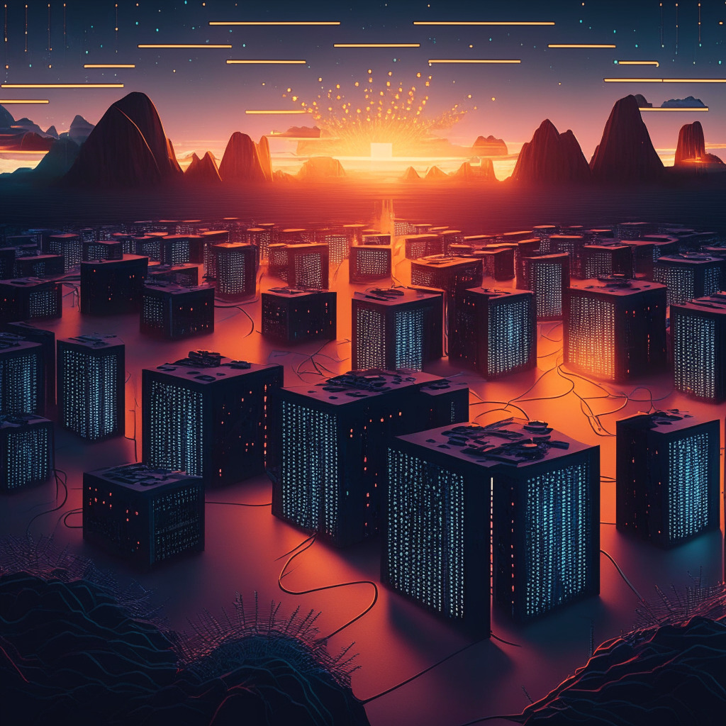 An advanced data center landscape lit by dawn's first light, capturing the intersection of traditional and AI infrastructure. The scene includes servers and mining rigs, with a backdrop hinting at Bitcoin's symbolic halving. Artistic style marries surrealism with technology, communicating a feeling of transformation and growth amid uncertainty.
