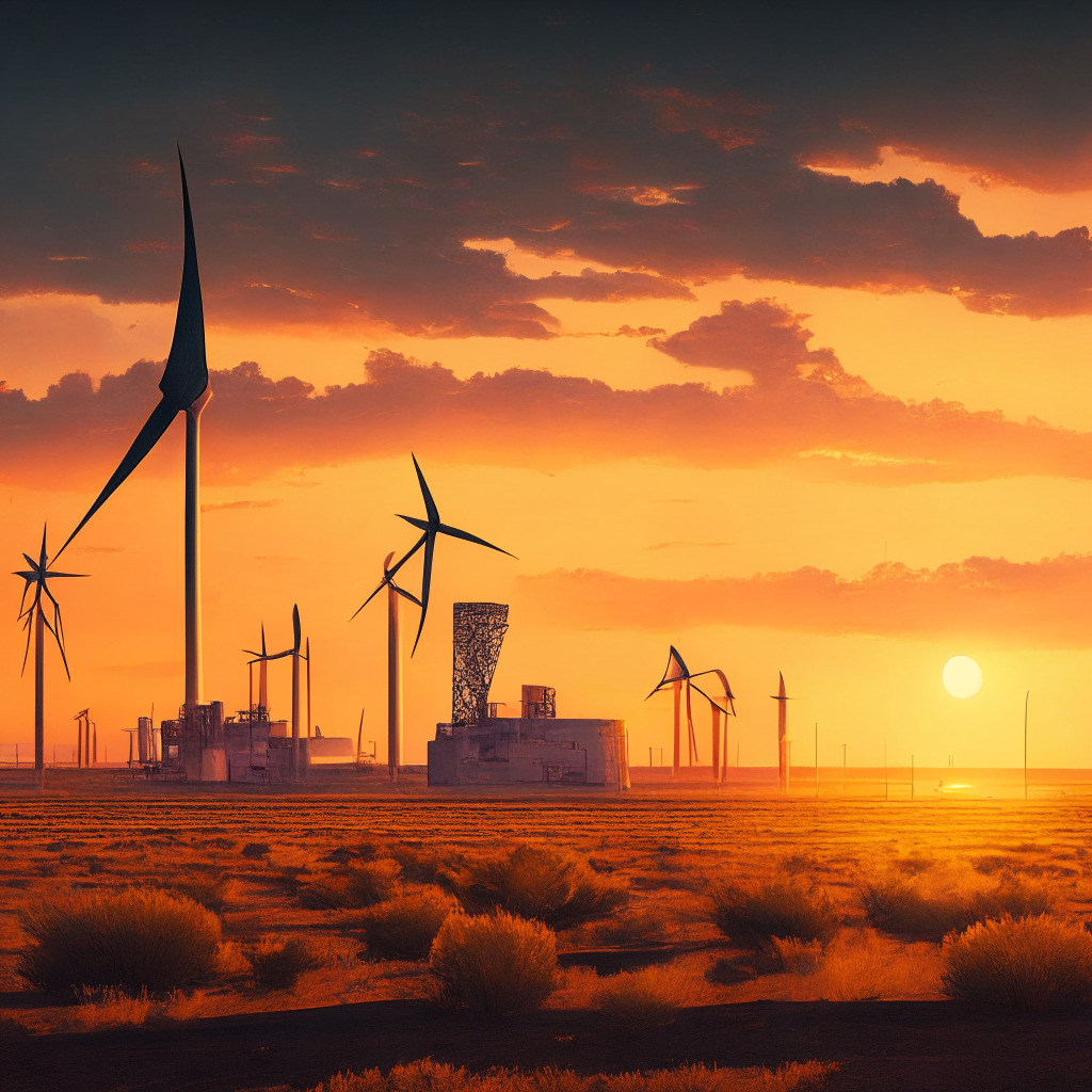 Sunset over a vast Texas landscape, a colossal bitcoin mining facility glowing amidst the dry, arid scenery. High-tech machines hum with energy against the backdrop of wind turbines, reflecting the tension between industry and ecology. Artistic theme echoing American Realism, contrasting hard, metallic industry with the soft hues of a dying day. Mood is contemplative, casting long shadows of dilemma and possibility.