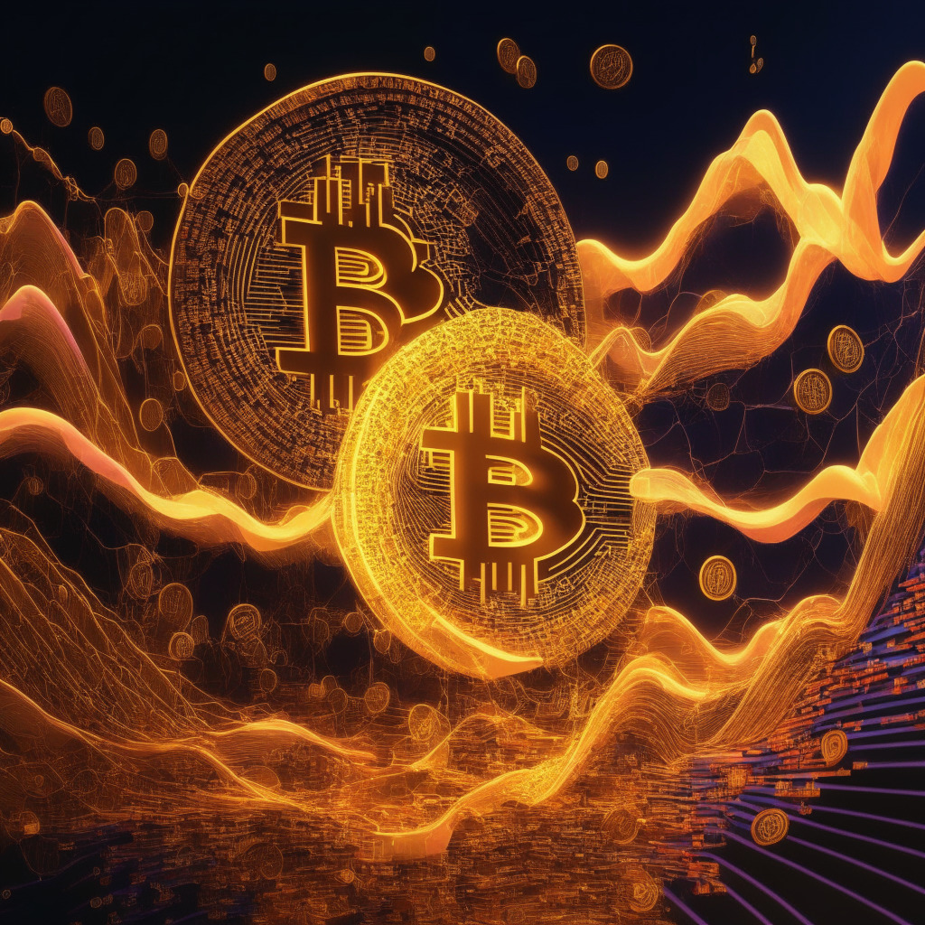 Abstract visualization of a surging wave of Bitcoin Ordinals symbols representing the booming NFT market, with inscribed lines weaving into a colorful 3D layered graph rising steeply. Detached floating coins emanating a radiant glow, symbolize the BRC-69 token standard. The entire scene is illuminated under soft amber dusk light giving it a magical realism style, engendering an enthusiastic and enterprising mood.