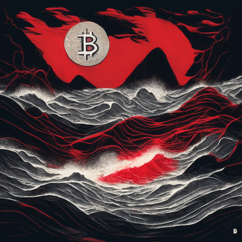 An abstract interpretation of a plunging Bitcoin market, dominated by shades of red and gray. In the foreground, a Bitcoin coin appears to be sinking into a turbulent sea, illuminated by a weak, dim light. The background is marked by distinct peaks and valleys, symbolizing tumultuous price swings. To reflect the mood, use a style reminiscent of Edvard Munch - a tense, expressionistic vibe full of uncertainty and anticipation.
