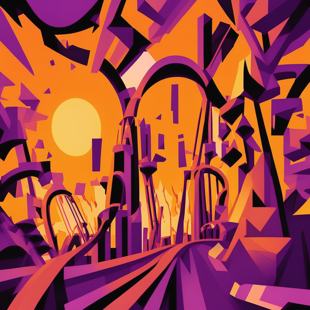 An evening skyline in abstract cubist style, various shades of orange and purple highlighting the sunset. A rollercoaster, representing Bitcoin's fluctuation in the center, hits a significant peak at $30,202. Facial expressions on the rollercoaster riders indicate mixed feelings of thrill and fear, alluding to the market volatility. Equilibrium is alluded to by a large scale on one side with traditional gold coins on one side and stylized Bitcoin on the other, tilting towards the Bitcoin. The atmosphere tense, with anticipation and hope gently shimmering in air.