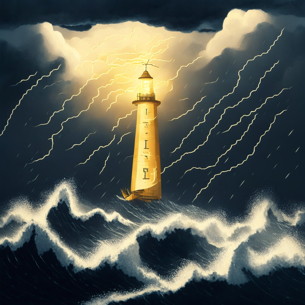 An anticipated thunderstorm on the horizon, representing Bitcoin's tumultuous market, with waves representing market fluctuations on a stormy sea. Lightning illuminating pieces of shiny gold, standing for long-term investors, untouched amidst the storm. Paper boats tossed high and low by the waves, depicting short-term investors. A lighthouse on a distant cliff, signifying hope of price stability. The setting sun behind the storm adds a dramatic, somber mood.