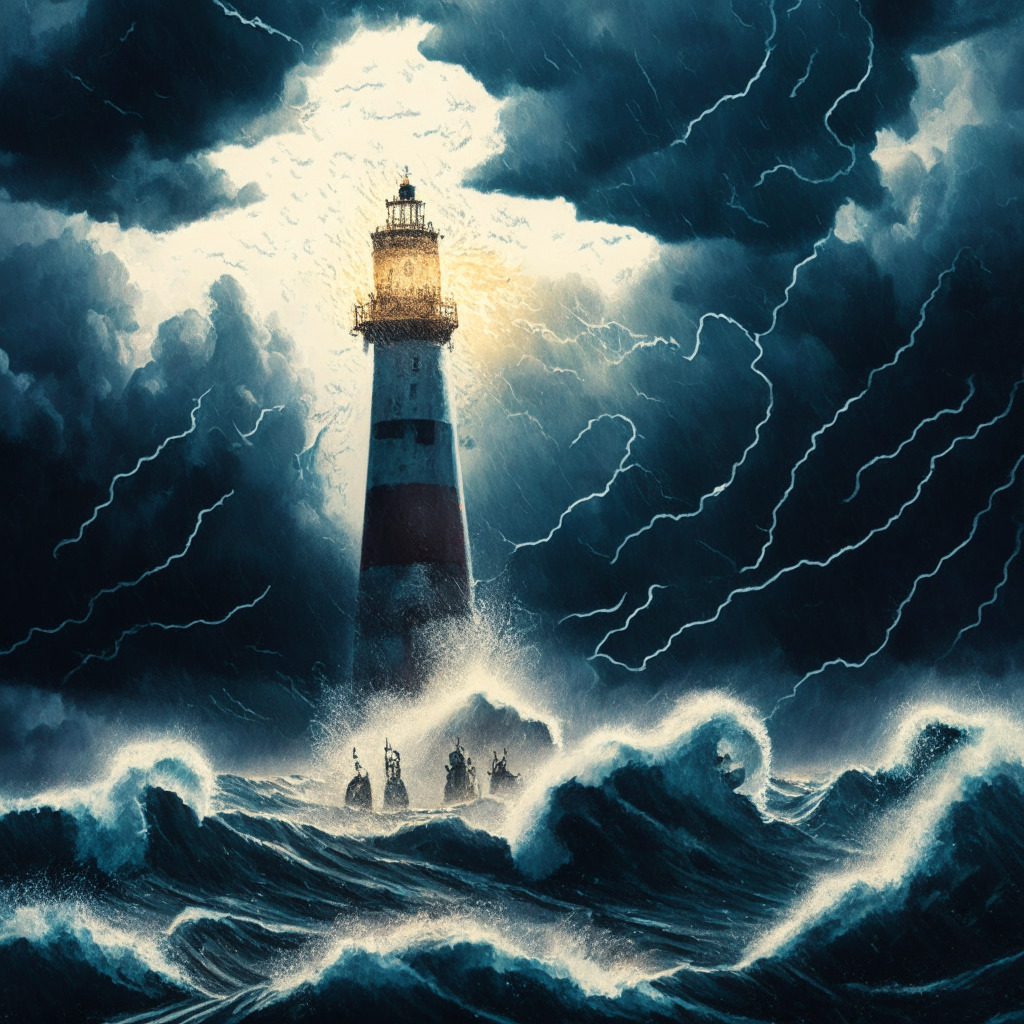 A turbulent sea under a stormy sky depicting the volatile Bitcoin market, the sea surface shimmering with bits of cryptocurrency. In the foreground, a worried crowd representing investors locks a large treasure chest, while in the background, a lighthouse beams a hopeful light against the dark clouds, symbolizing the optimism for Bitcoin's future.