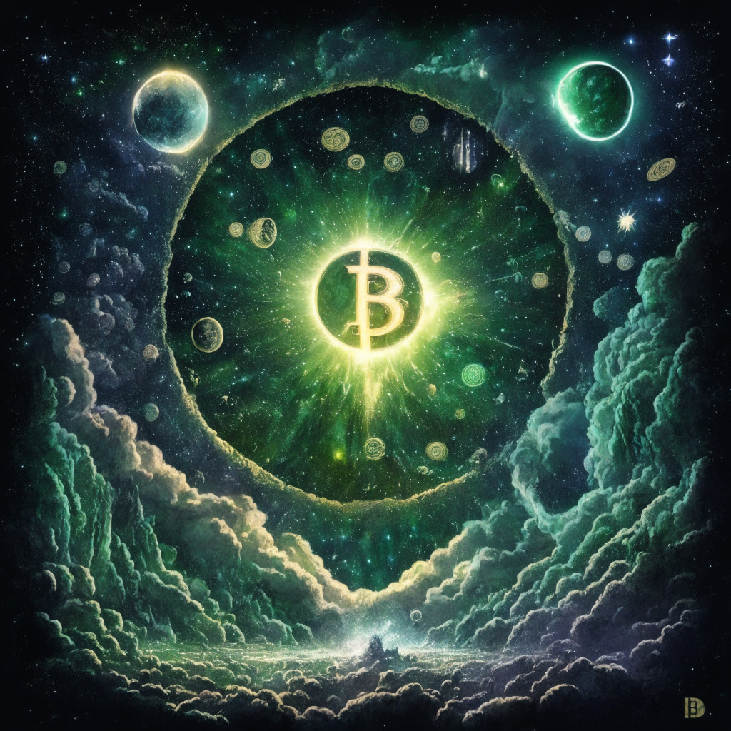 A cosmic scene representing the Bitcoin universe, galaxies symbolizing different cryptocurrency, with Bitcoin as the brightest star, setting a guiding light. A path of shooting stars, illustrating a 25% surge, dips into a dark ominous cloud, hinting a potential downfall. A smaller, vibrant planet emerges representing BTC20, heralded as the savior, surrounded by a halo of green light symbolizing sustainability. A pathway leads from Bitcoin to BTC20 showing the paradigm shift. Mood: a blend of apprehension and optimism.