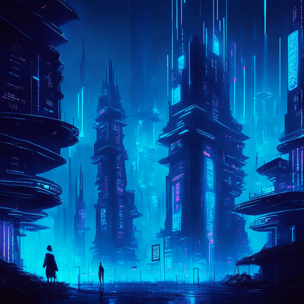 A futuristic city illuminated by neon blue lights showcasing world of blockchain technology, shadows cast by tall buildings representing security concerns. Visible are citizens communicating via floating holographic messages, representing XMTP instant messaging. The atmosphere is optimistic but cautious, it's painted in a Cyberpunk art style, expressing a mood of intrigue and mystery.