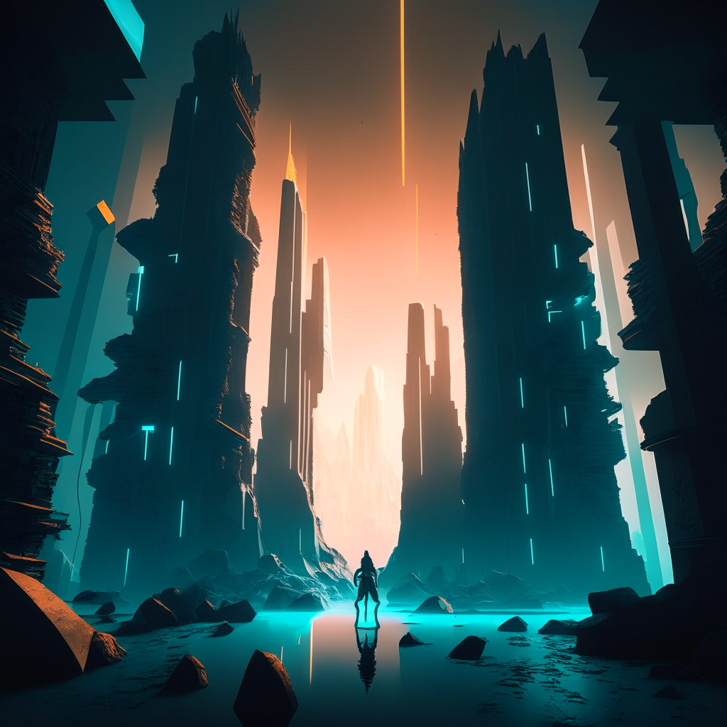 A surreal blend of a futuristic city and a digitized wilderness, illustrating the unpredictable landscape of the metaverse and cryptocurrency frontier. Features a giant ledger to signify financial risk and a luminous VR headset casting shadow, symbolic of tech advancements. Rendered in a dramatic chiaroscuro lighting, invoking a sense of intrigue and trepidation.