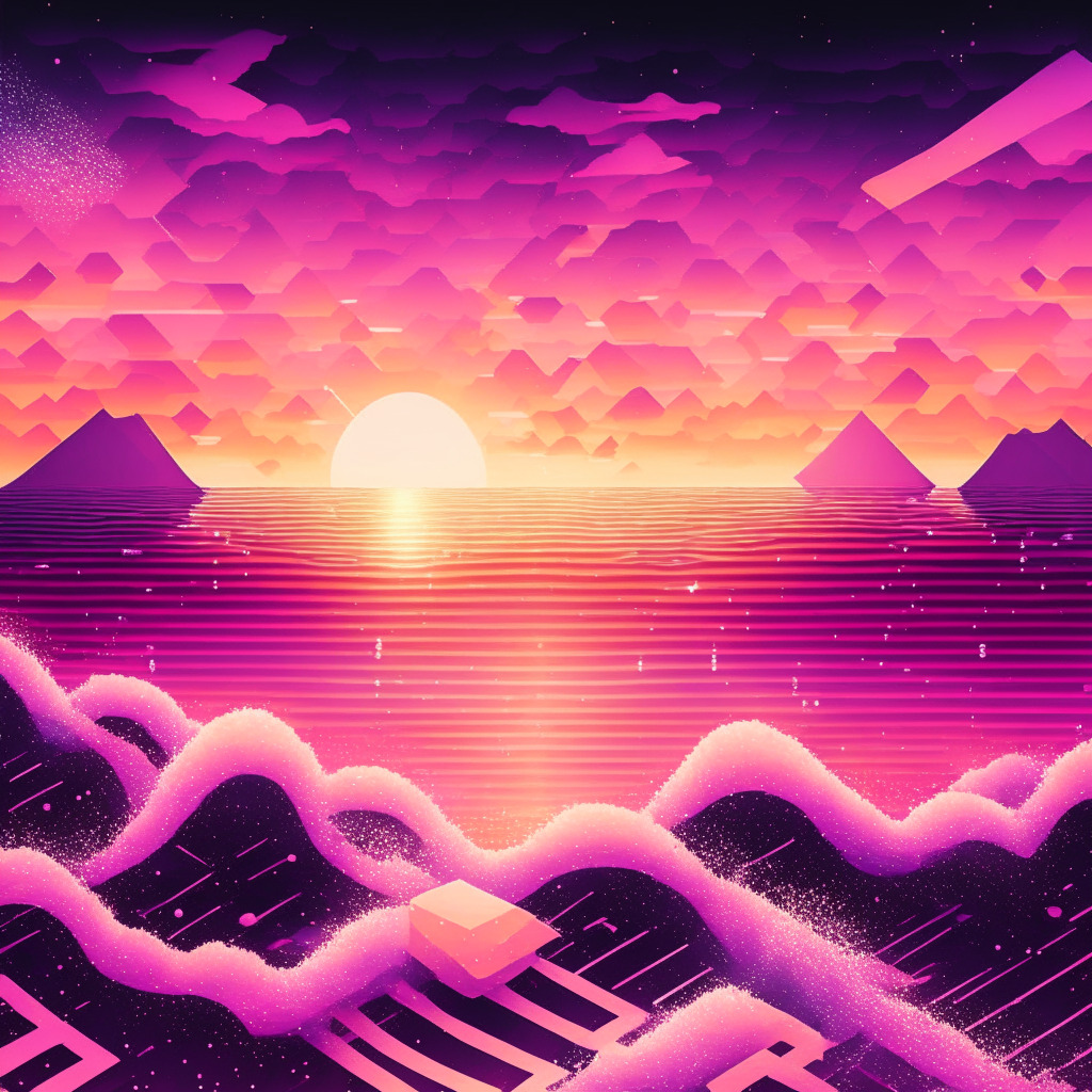 An ocean of shimmering digital data under a sunset-pink sky, waves studded with diverse NFTs, reflecting the light, hinting at blockchain stability. In the foreground, a modern, abstract-style gateway representing Google Play. The atmosphere portrays a keen sense of exploration, laced with caution, a progressive journey into the future of gaming.