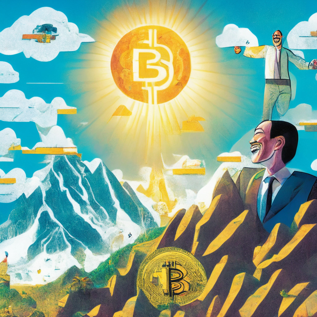 A juxtaposed landscape showcasing crypto regulations from two perspectives: a brighter side depicting Asian scenery with smiling crypto entrepreneurs under an approving sun, illustrating optimism and welcoming regulations, and a darker, cloudier side representing North American crypto-space, showing a businessman climbing a steeper mountain faced with sterner regulatory policies. Capture the contrast in a single frame, use warm colours for the Asian side, and cooler hues for the North American side. The image should evoke a sense of dichotomy and tension, conveying the different regulatory perspectives.