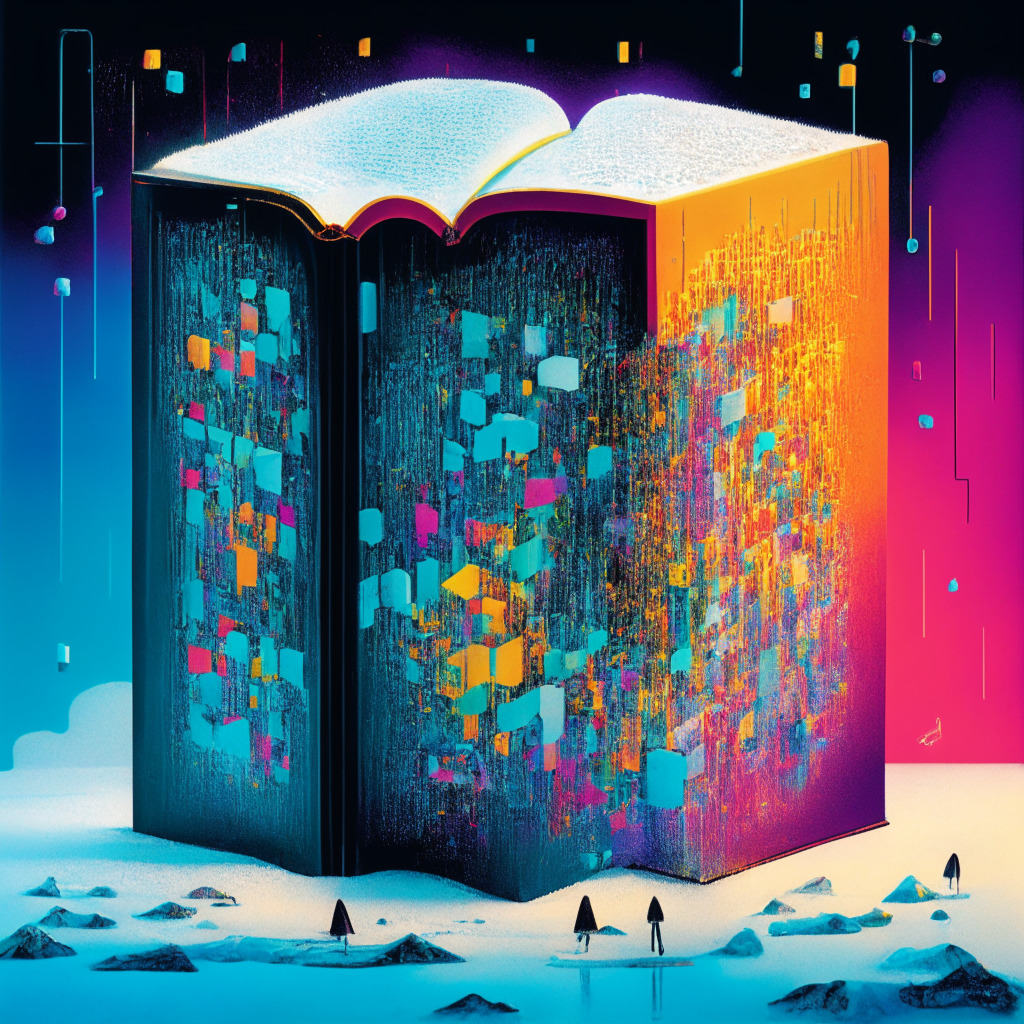 A crossroads under a gloomy yet hopeful sky, where signs of crypto regulation, digital benefits and concerns, and innovation competitions loom large. An oversized open book lies at the center, depicting scenes of neural network-driven obfuscation with a palette of vibrant colors, a contrasting image of a frozen CBDC in a code-lined ice block, and a cautious light illuminating a closed-door DeFi ecosystem. The backdrop features a visible tension between a towering Congressional building and a Securities and Exchange Commission adorned with a controversial gavel, while a dynamic, optimistic Hong Kong skyline rises in the distances under a ray of sunlight, hinting at the potential global use of the RMB via stablecoins.
