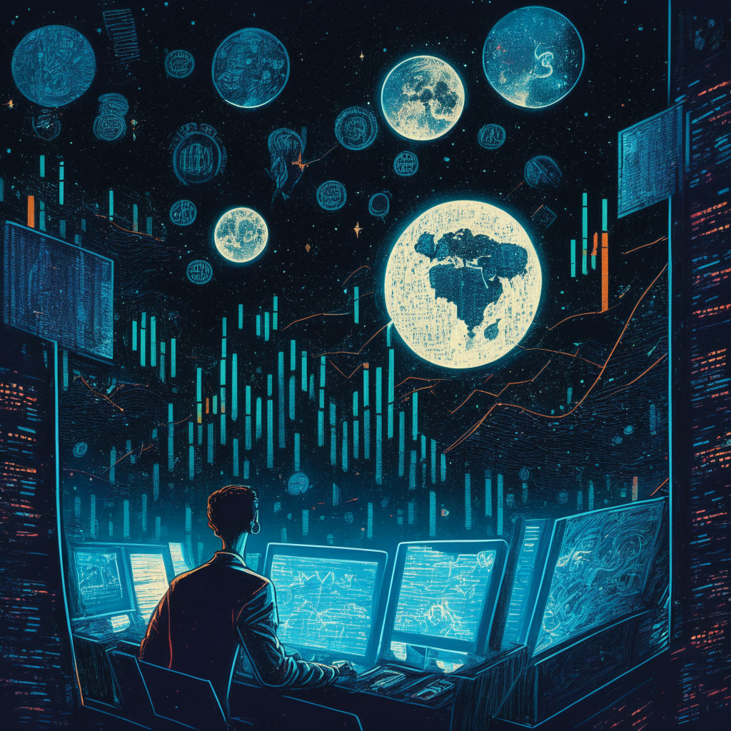 A vivid scene of a cryptocurrency market amidst fluctuating macroeconomic elements, A moonlit night with stars symbolizing economic data, an individual engrossed in digital screens replete with graphs and indexes. Artistic style draws from surrealism, invoking a slightly unsettling, apprehensive mood.