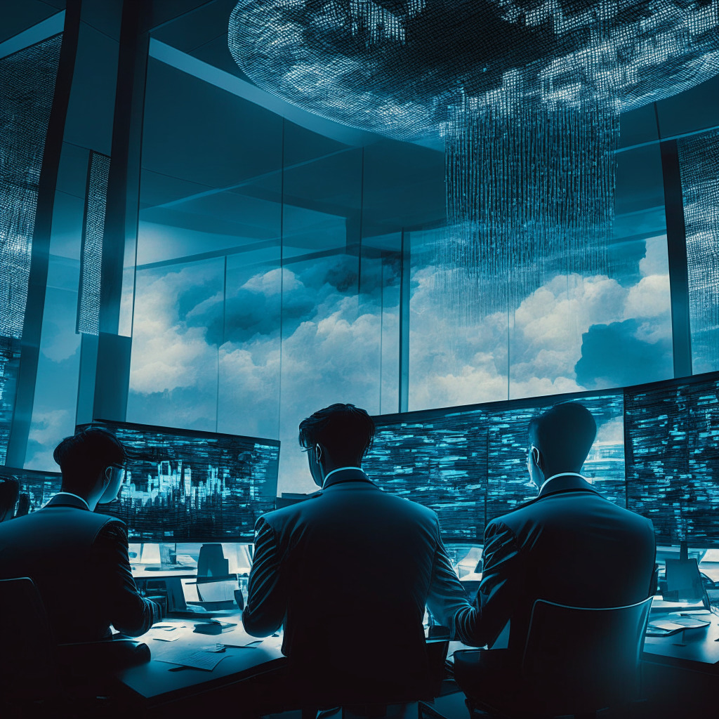 South Korean Financial Crime Agency office interior under a dramatically lit skyscape, officers examining a holographic web of digital cryptocurrencies data, Neo-noir style. The atmosphere thrums with urgency, resolve, a touch of grit. Figures huddled in intense discussions against a backdrop of screens displaying legal documentations, subtly hinting at the regulatory actions to fight against crypto crimes.
