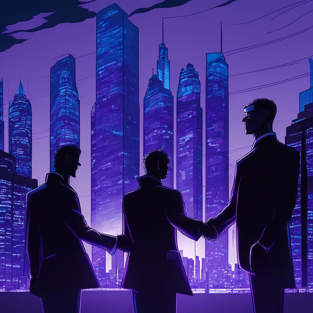 A dusk-lit financial district in Canada, contemporary style, soft purples and blues coloring skyscrapers, streets illuminated by muted city lights. A symbolic handshake between a traditional banker and a futuristic figure representing blockchain, embodying harmony. Shadows subtly hinting at risk and regulatory uncertainties, highlighting the evolving mood of crypto-assets acceptance and exploration.