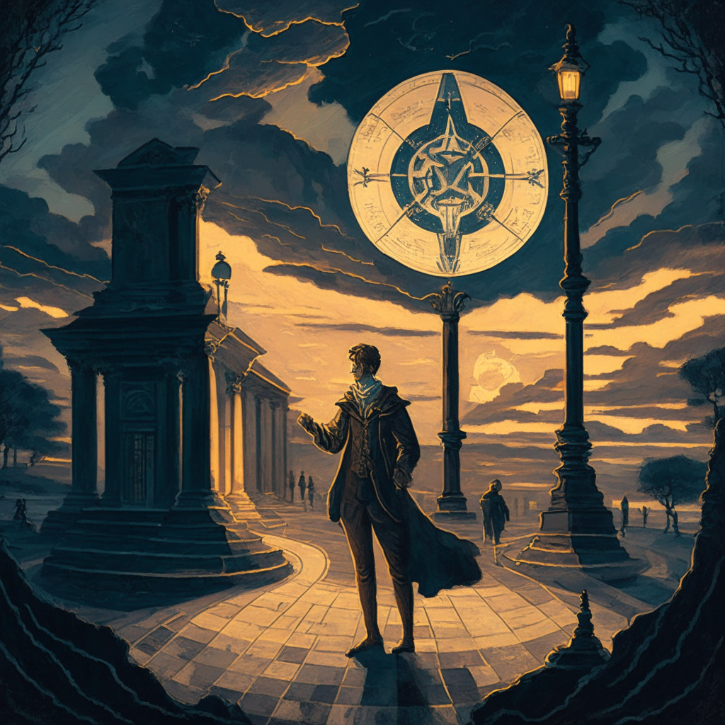 A neo-classical style painting of a crossroad at twilight, symbolizing the uncertain decision between active and passive strategies in cryptocurrency investment. The foreground depicts a crypto investor, envisaged as a classic explorer weighing a compass and map in his hands, the map etched with symbols of blockchain, tokens and digital assets. The atmospheric twilight casts a muted glow on the scene, representing uncertainty and anticipation. On the left path, a simple, less taxing route fades into a peaceful landscape, denoting a passive investment strategy. On the right, a dynamic but treacherous terrain, depicting active investment strategies, rich in detail but marked with potential pitfalls. The blend of tranquil and vibrant colors speak of the cryptic and ever-evolving world of cryptographic investments, creating a thought-provoking, complex narrative filled with shades of risk and promise.