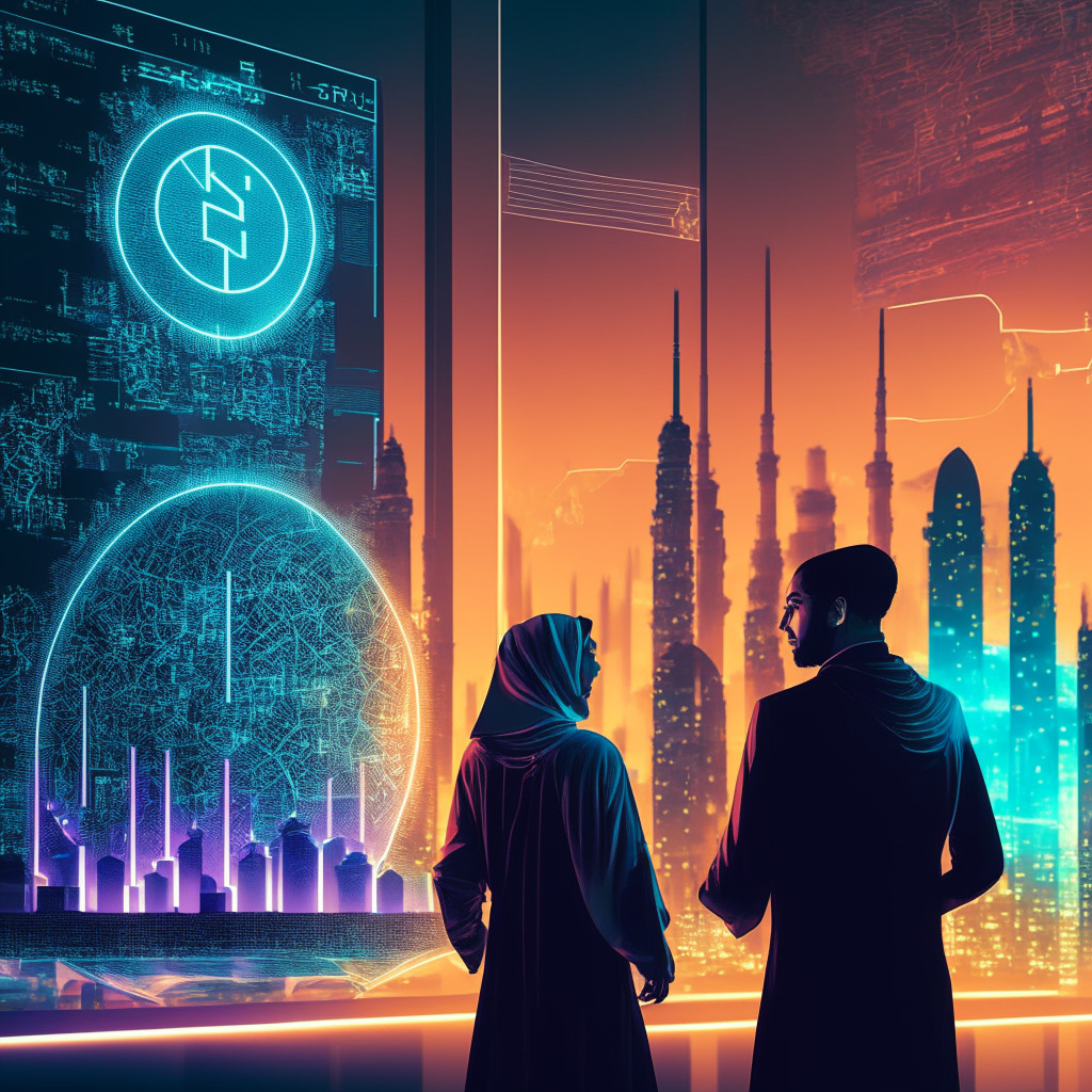 An atmospheric, twilight scene in a futuristic Malaysian cityscape, glowing with holographic infographics symbolizing fintech innovations. In the foreground, two characters in high-tech attire, symbolizing leadership, discuss over an ethereal, glowing data projection of Bitcoin, Ethereum and other financial charts. Elements of Islamic architecture mixed with modern design, indicating Shariah-compliance of the business, and a beacon of strict regulation symbolized by a powerful lighthouse standing tall amongst high-rise buildings. It's a merger of the old and the new, the time-proven and the experimental, radiating an aura of cautious optimism.