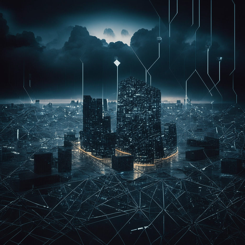 A vast, complex network of futuristic buildings and highways representing the crypto landscape, cast under a brooding overcast sky signifying regulatory tumult. Light illuminating a few buildings symbolizing proactive vigilance and due diligence against a darker backdrop. The darker parts become incrementally brighter, indicating emerging clarity, with small figures symbolising cryptotraders, conducting transactions. Elements of classical Renaissance painting style to reflect tradition blending with the future.