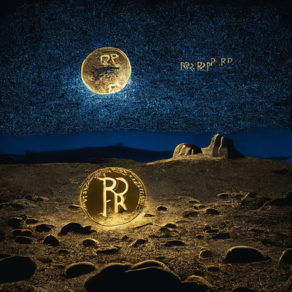 A glowing, resilient golden coin etched with the symbol 'XRP' on a rough, dynamic stock chart landscape, symbolizing XRP's robust growth despite fluctuating dips, night sky casting a hopeful glow on bullish horizon, embodies a sense of bounce-back strength. In the foreground, a radiant, innovative silver coin embossed with 'LPX', resting on the blueprints of a futuristic blockchain city, subtlety indicating the promising rise of Launchpad.xyz.