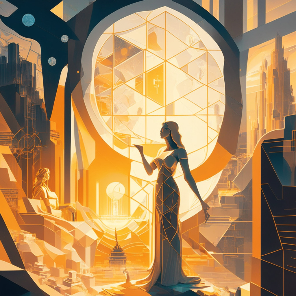 A futuristic financial landscape bathed in ethereal light, prominent female figure symbolizing Sarah Morton, portraying her as the expert navigating the intricate details of digital asset investments. The scene should echo a hybrid of Renaissance and Cubist styles, with various symbolic references to blockchain, Bitcoin, and Ethereum illustrating the crypto ecosystem. A merging sunrise symbolizes new opportunities while golden tint adds warmth and optimism. The overall mood should reflect a blend of curiosity and certainty.
