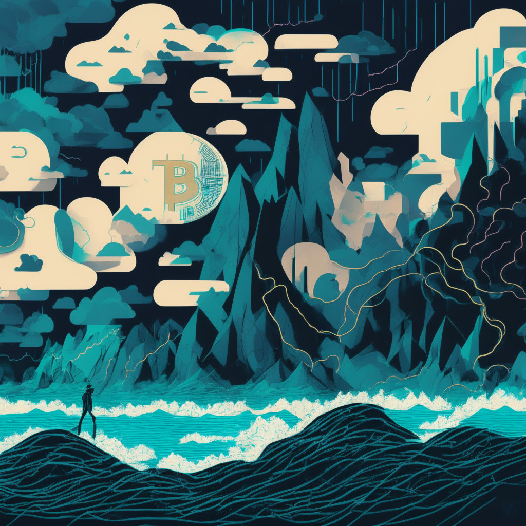 A stormy, digital landscape representing the tumultuous terrain of the cryptocurrency market. Dynamic fluctuations of cryptographic elements representing Bitcoin's volatile price, looking in both ascending and descending directions. Add a cool color palette to reflect the uncertainty and ambiguity of the future, silhouetted figures for the industry participants navigating and observing the changes. Incorporate Eastern geographic features alongside crypto structures symbolizing the growing acceptance in Asia and Middle East. Maintain an intriguing, suspense-filled mood to match the speculative nature of the space.