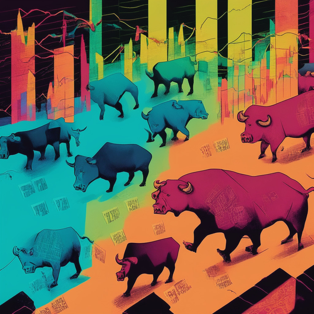 A bustling crypto market scene divided into three segments, representing bulls, bears, and pigs. To the left, upbeat bulls amidst rising charts, vibrant colors symbolizing optimism. Center, cautious bears, with gloomy hues illustrating a fall in prices. The right portion depicting pigs running recklessly, with erratic lines and darker shades conveying risk and losses. Light slightly dim, sprinkling an adventurous yet unpredictable mood over the entire scene.