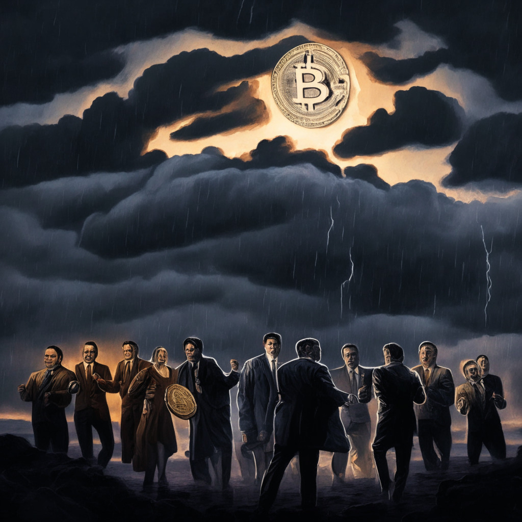 A stormy political landscape at twilight, detailed with politicians holding differing cryptocoins at a grand divide. The demeanor of Ron DeSantis - stern, resolute, a Bitcoin held high - is contrasted by a silent, watchful group carrying faintly glowing CBDC coins. The mood is intense, encapsulating a key debate at the crossroads of liberty and government control.