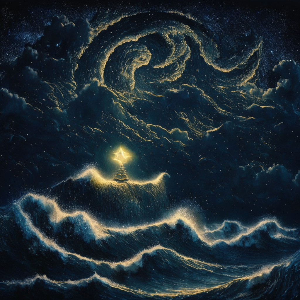 A stormy sea under an ethereal night sky with waves symbolizing crypto market fluctuations. The night sky is dotted with glowing stars, each representing a different cryptocurrency. Ethereum, standing out amongst all, hovered on an undulating wave. Bitcoin, the digital heavyweight, comfortably perched high above the sea level on a golden pedestal. Light reflective of mood, a mix of muted blues and golden hues, creates an entirely surreal and mysterious atmosphere. A looming figure in the form of an ETF file hovers in the background, adding a sense of tension and speculation. Unsettled water below reflects the volatility and dynamic nature of the market.