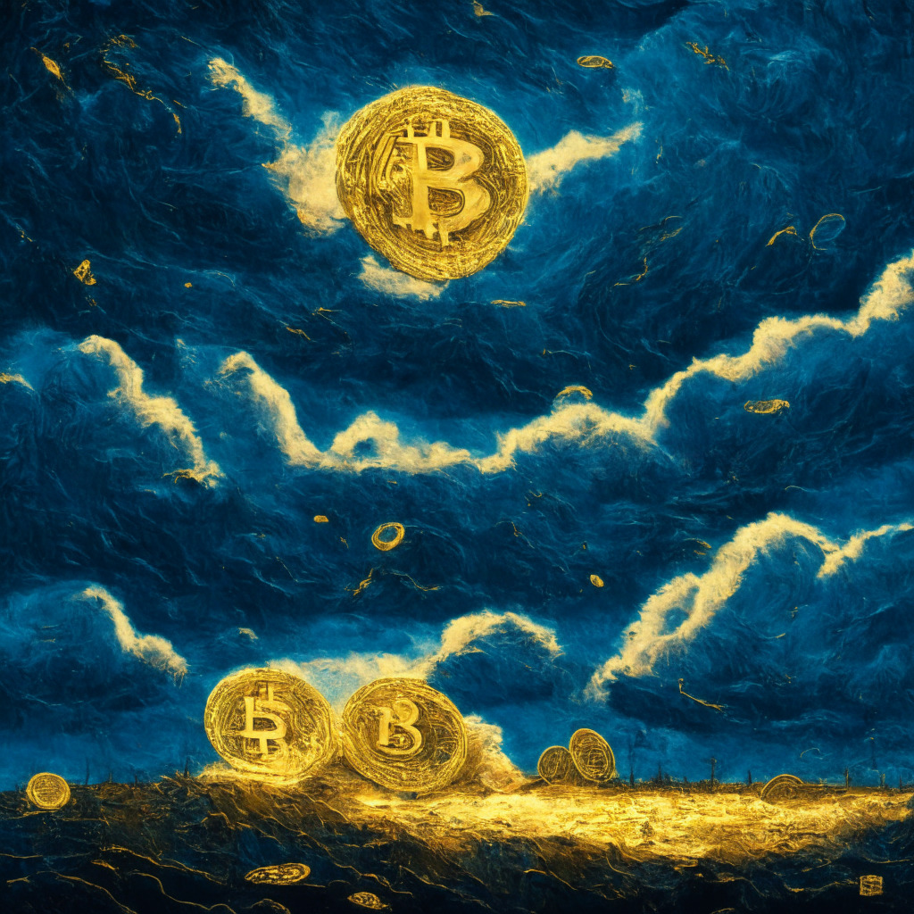A stormy financial sky painted in the style of Van Gogh's Starry Night, half illuminated by golden Ethereum coins rising like a sun, other half shadowy and turbulent symbolizing Bitcoin volatility. In the distance, high-tech mining rigs churn away, while gravity-defying coins represent market swings. The mood, a mix of anticipation, concern, and resilience.