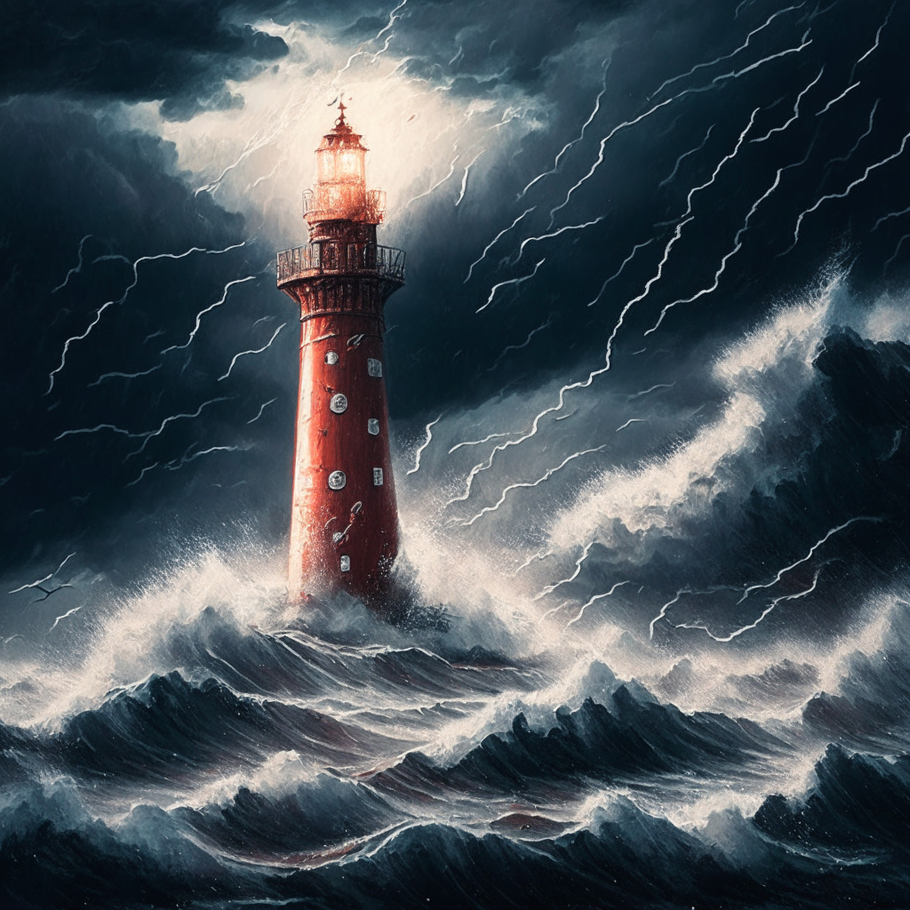 A chaotic sea under a stormy sky, with tumultuous waves painted in Shakespearean style. Light is dim, reflecting off silver Bitcoin coins scattered throughout the scene. In the distance, a lighthouse symbolizing regulatory uncertainty gleams a somber shade of red. The scene exudes a mood of unease yet anticipation, highlighting the unpredictable future of cryptocurrencies.
