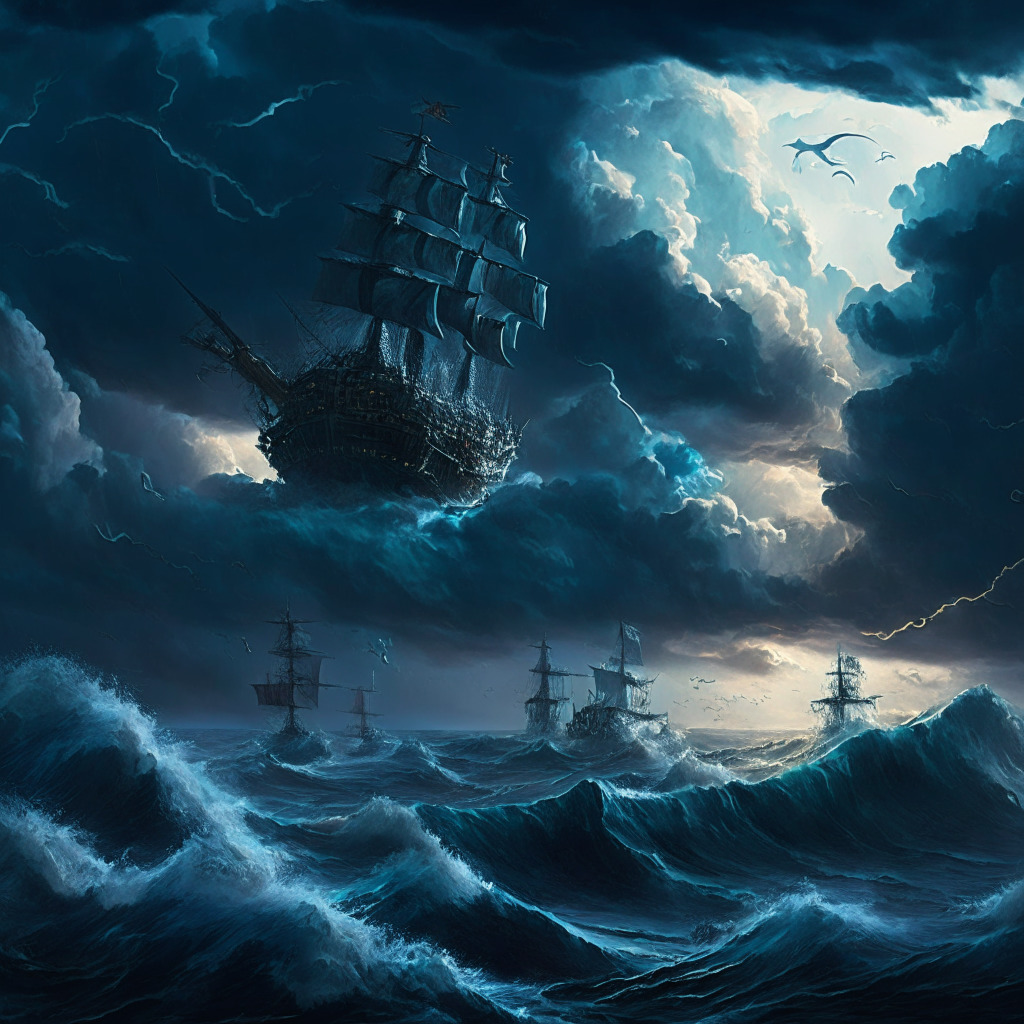 Stormy ocean under a dramatic sky representing financial volatility, massive galleon ships trading crypto coins symbolizing institutional participation. On the horizon, a justice scale indicating legal issues, all in a chiaroscuro style capturing the mood of uncertainty. Semi-realistic metaverse cityscape in the distance illustrates technological advancements.