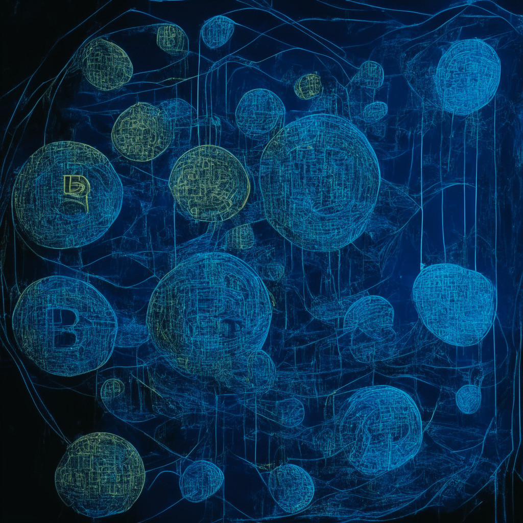An interpreted visualization of complex crypto-taxation negotiation under soft ambient light. Showcase digital, floating coins within an intricate web to represent the web3 economy. The web, borderless and ever-changing, cast in deep hues of blues, suggesting uncertainty and transition. To add dynamism, use van Gogh's swirling brushstrokes, reflecting the volatile nature of the crypto market. Lastly, convey a balanced mood, straddling anticipation and caution.