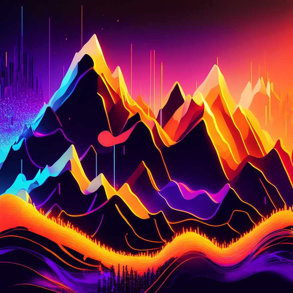 An abstract representation of a vibrant digital landscape, reflecting the dynamism of the crypto market. The foreground dominated by the glowing peak, symbolizing the surge of the Maker (MKR) token. Brighter light settings, cheerful palette representing optimism and enthusiasm vibe. The background includes a darker zone with miniature volatile paths, indicating the inherent risks and potential bearish instances. A contrasting moon casting subtle light, exemplifying uncertainties. Pop culture icons integrated subtly to represent Meme coins. The style is a fusion of surrealism and cubism to capture the fluctuating and fractured reality of cryptocurrency trading.