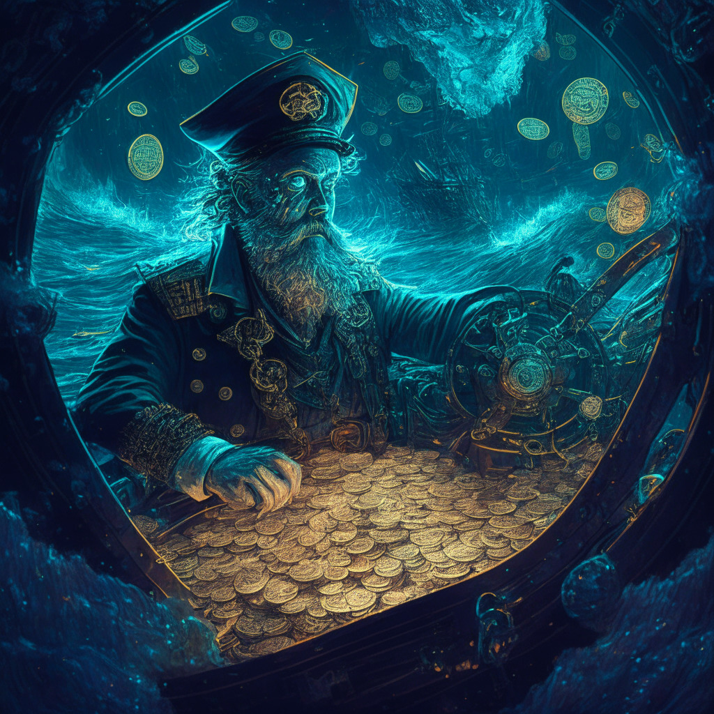 A sea captain at the helm of a ship in turbulent waters, surrounded by starlit crypto coins, depicting the volatile nature of the cryptocurrency market. The artistic style is surreal and futuristic. The mood is of both excitement and uncertainty, with chiaroscuro lighting creating strong contrasts, hinting at unforeseen dangers and immense opportunities.