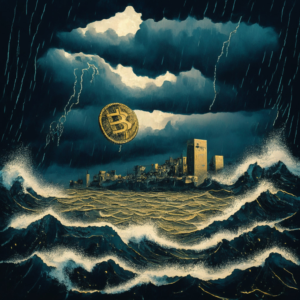 A dusky, ominous cityscape under a stormy sky, inspired by Impressionist aesthetics, reflecting a Bitcoin (represented as a vintage gold coin) sinking, amidst a turbulent sea. Contrasting the gloom, other smaller yet vibrant cryptocurrencies such as Chainlink, Chimpzee, Compound, DeeLance, and Stellar evolve as resilient, gleaming fish navigating through the waves/downturn. Expressing both tension and opportunity.