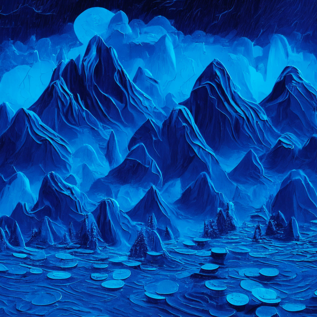 A digital terrain painted in cool blue hues depicting the stagnating high-value cryptocurrencies. Their shapes rendered as towering, unmoving mountains under a night sky. A parallel landscape teems with vibrant, chaotic shapes symbolizing volatile meme coins sweeping like a storm, splashes of warm hues emphasizing their unpredictable nature. In the distance, BTC20 stands alone, vibrant yet grounded, on a green, eco-friendly field reminiscent of an Ethereum blockchain. The artistic style is a cubist rendition of a volatile digital market; the overall mood is tense yet exhilarating, bathed in silvery moonlight yet tinged with colors of risk and promise.