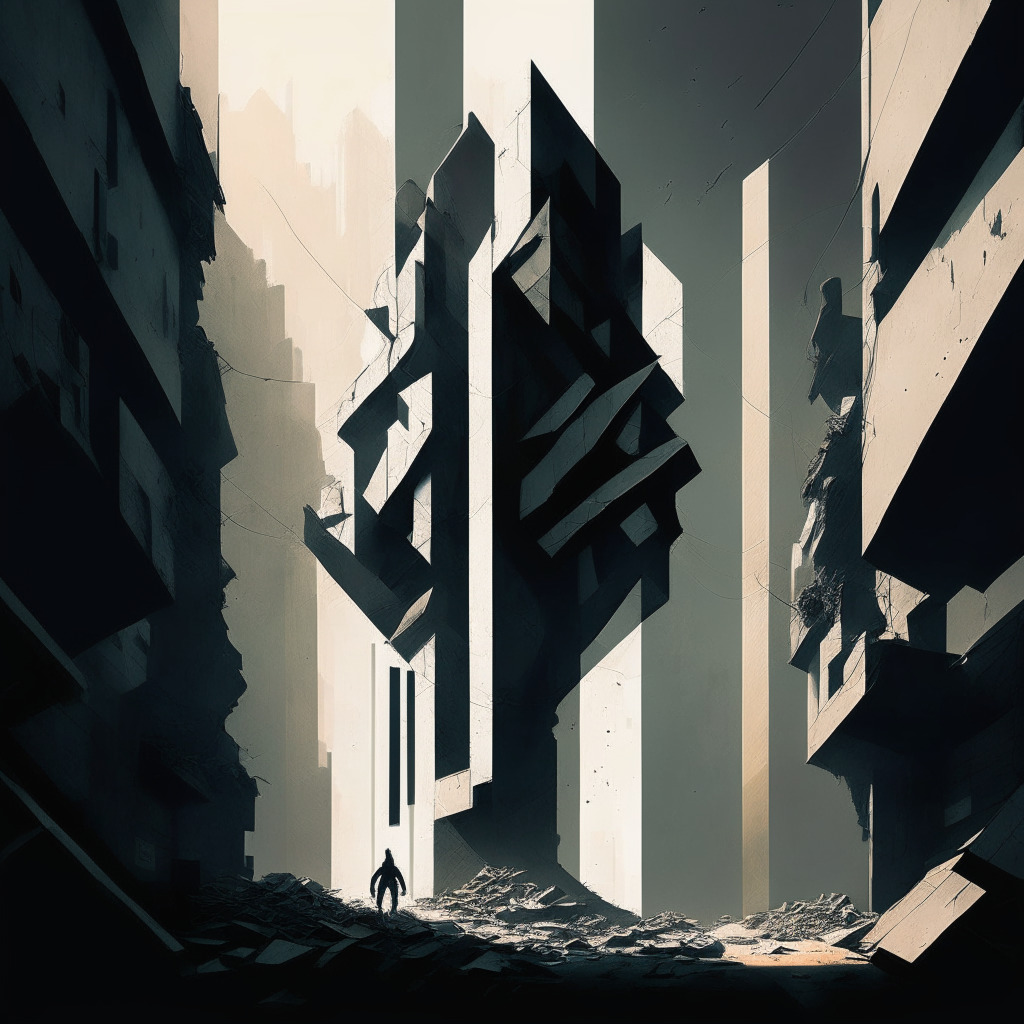 Render a dystopian cityscape, where massive walls symbolize regulatory barriers, Bitcoin symbol as a character climbing over these walls with hints of struggle, balance light and shadow contrast to signify ups and downs, art style should be geometric and abstract, overall mood: tense yet hopeful.