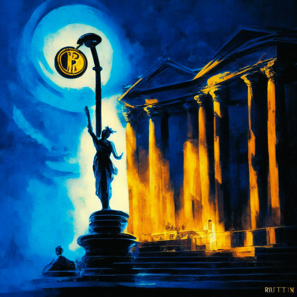 An dusk-set courtroom drama painted in impressionistic brushstrokes, a stern figure representing SEC stands prominently, luminous matter symbolizing Bitcoin and XRP teetering on scales of justice. Handfuls of XRP tokens are discarded beside a judicial gavel. A beacon of light emanates from a robust Bitcoin support level, casting hopeful shadows onto a tumultuous market graph.